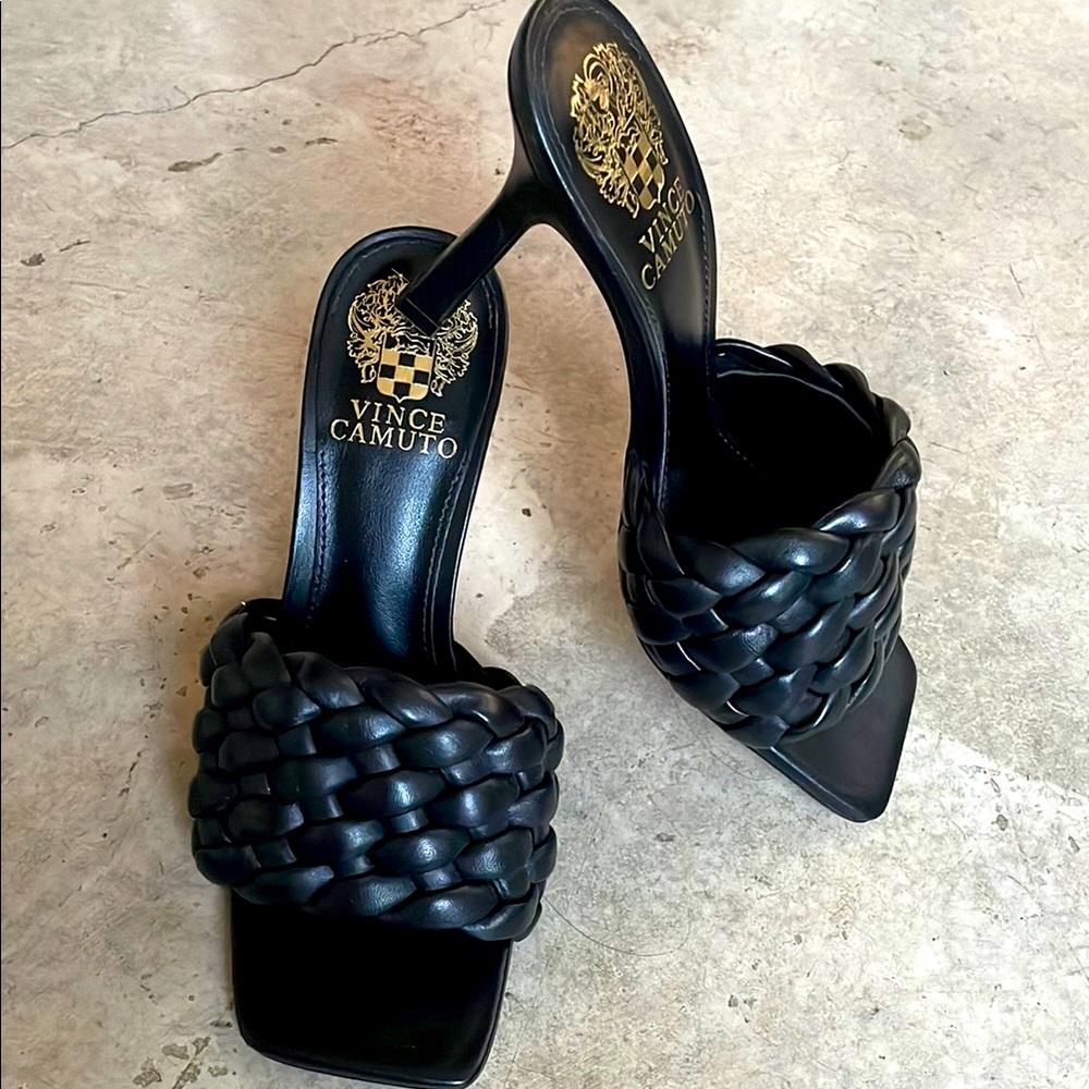 NEW Vince Camuto Black Braided High Heels Mules